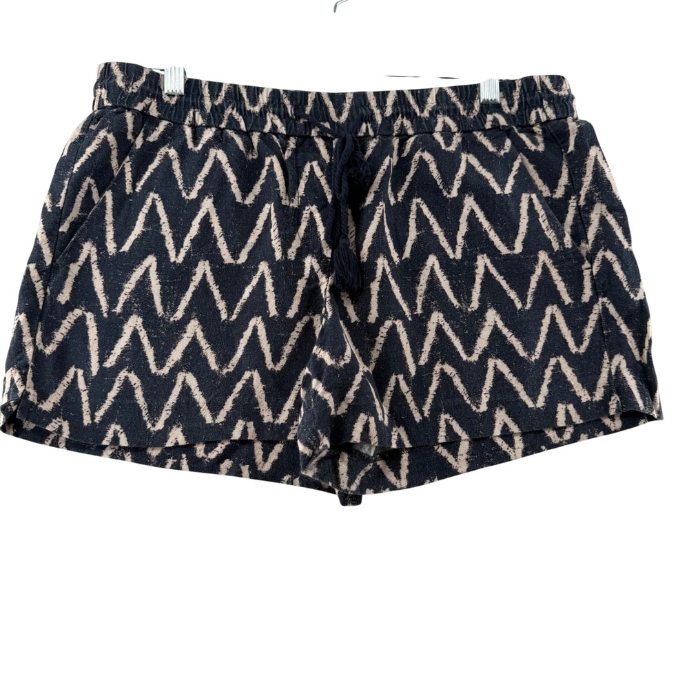 LOFT Linen Blend Shorts Womens Medium Blue Beige Chevron Tassel Boho Casual